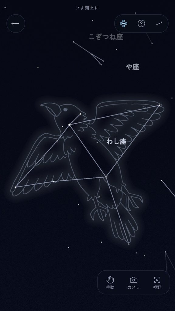 夜空の画面に浮かぶ、人の手で描かれたわし座。広げた翼と尾羽が、星座の線に重なっている