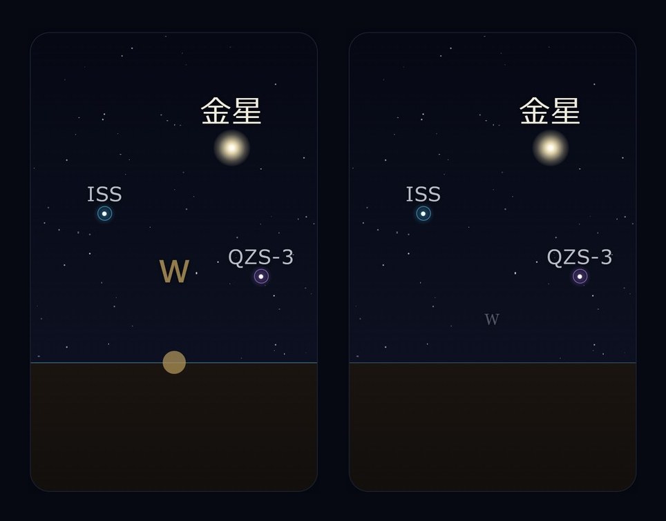 夜空の画面の比較。左は方角の「W」が金色で大きく目立つ以前の画面、右は「W」を灰色の小さな文字にした、採用した案